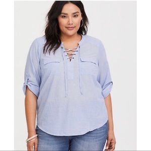 TORRID Harper Chambray Lace-Up Pullover Blouse